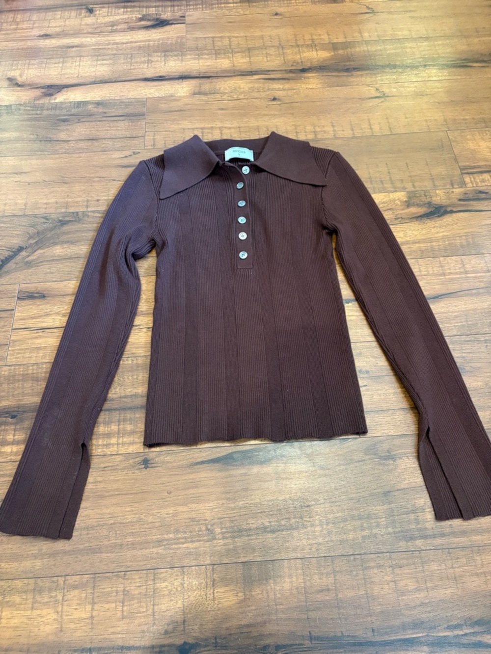 Rihoas stretch rib knit polo brown long sleeve collar size small